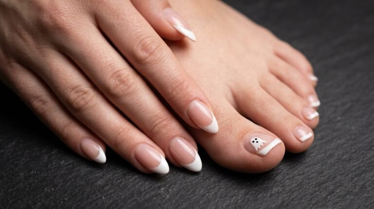 Close-up of short toenails on white skin with a painted jack-o'-lantern big toe resting on dark teal velvet.