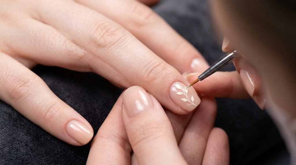 Macro photograph of nail art detail brush painting a stem on a nail on an eighteen year old hand with white skin.