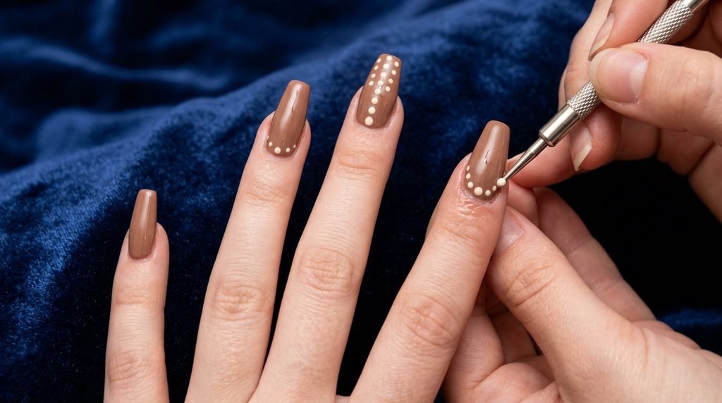 Close-up shot showing cream spots applied onto brown coffin nails against midnight blue velvet.