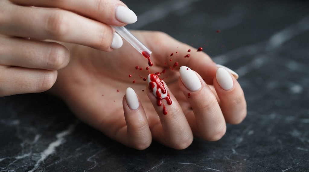 A close-up photo of an 18-year-old female hand with white skin and medium almond nails with a white base. Red polish droplets are actively flying from a straw held close to the ring finger, creating a splatter pattern against a charcoal marble background. Cuticle latex visible.