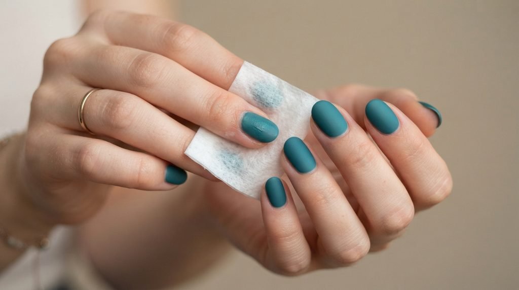 Wiping matte teal nails with an alcohol pad on an 18-year-old female hand with soft white skin.