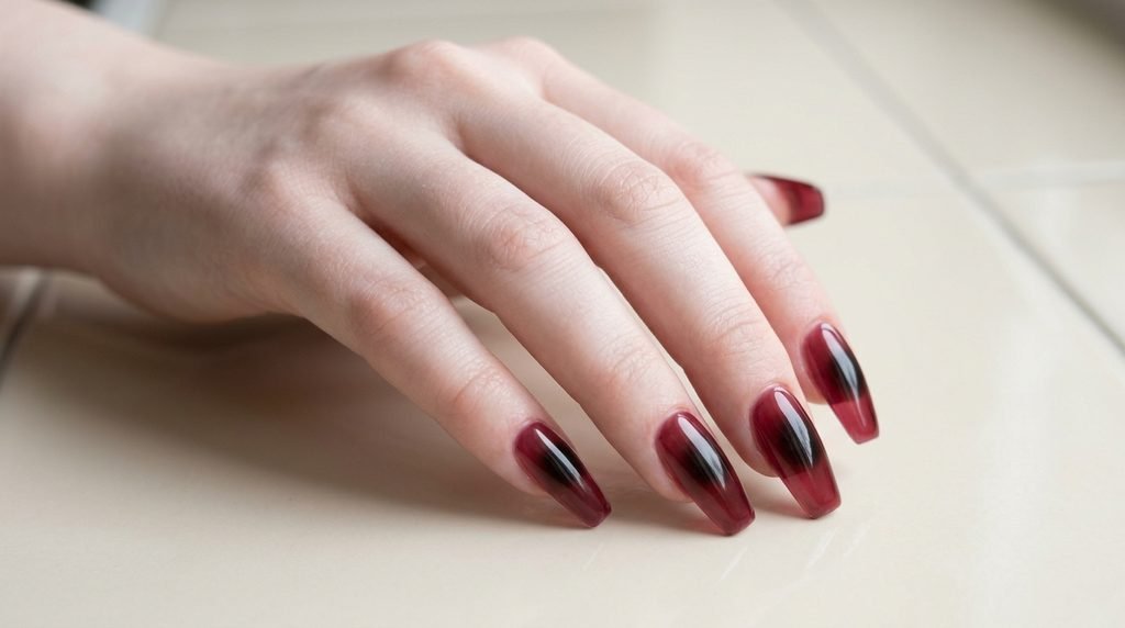 Translucent jelly burgundy coffin nails with a black aura gradient in the center resting on ceramic tile.