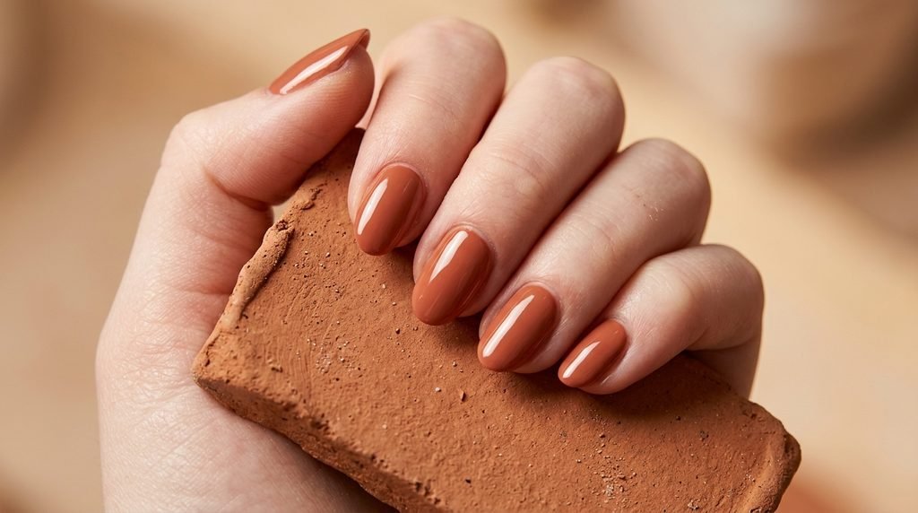 Medium oval nails with warm terracotta polish shown on an 18-year-old female hand with very white skin.