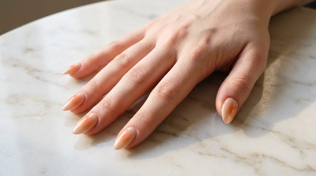 Female hand with very white skin displaying medium almond nails with a soft peach aura design.
