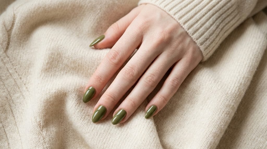 Medium almond nails in glossy olive green polish on an 18-year-old female hand with very white skin.