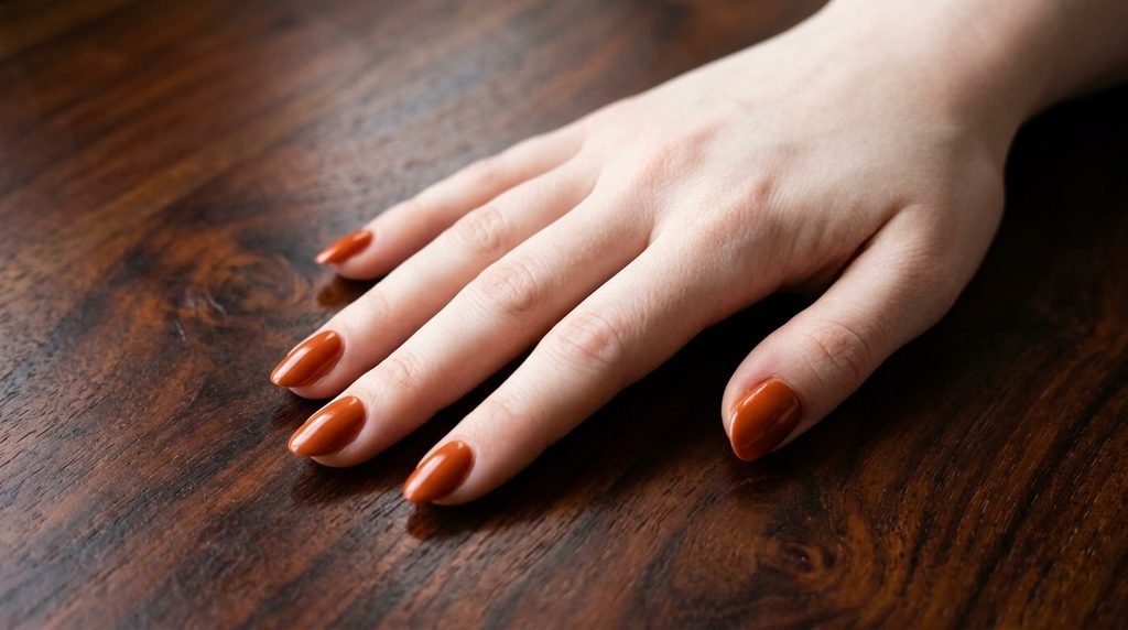 Short almond nails with tortoiseshell French tips on an 18-year-old female hand with very white skin tone.