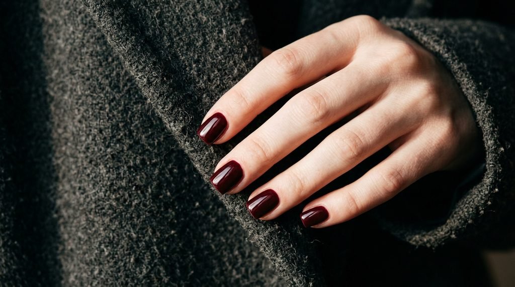 Short square nails painted deep wine burgundy on an 18-year-old female hand with very white skin tone.