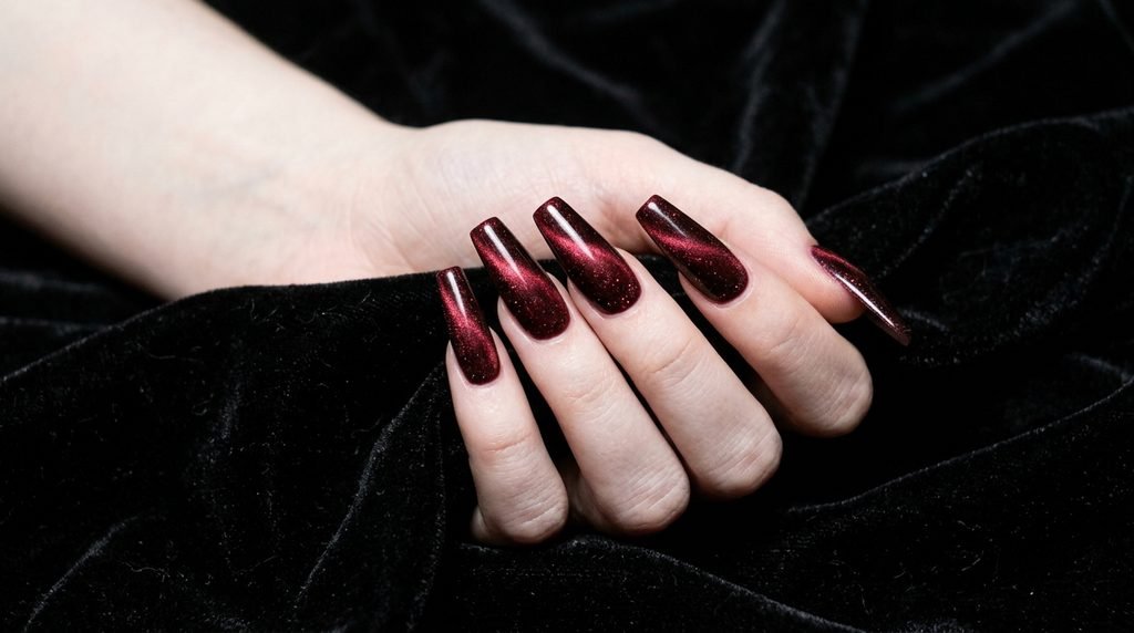 Long coffin nails with dark crimson velvet cat-eye polish on a female hand with very white skin.