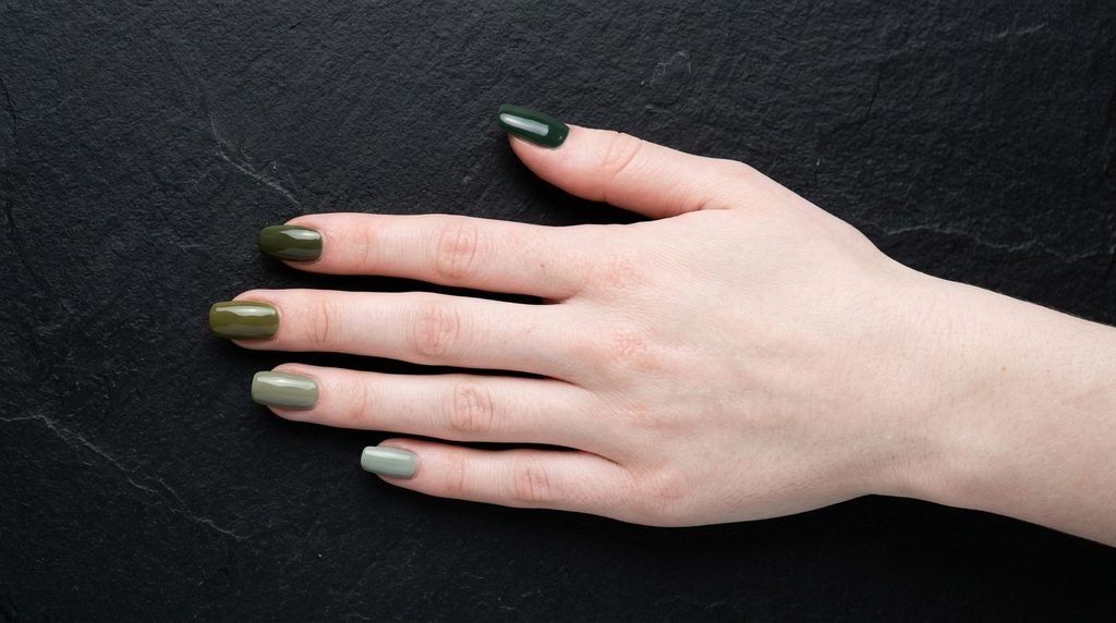 Green gradient manicure on an 18-year-old female hand with very white skin against a black background.