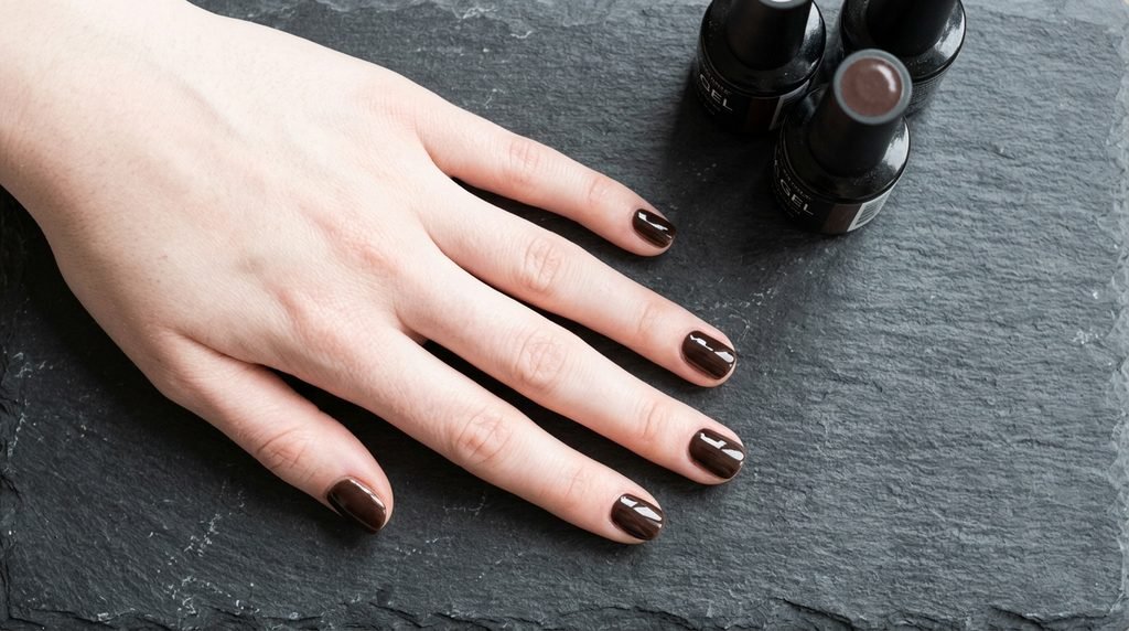 Espresso brown gel nails on an 18-year-old female hand with very white skin tone near polish bottles.