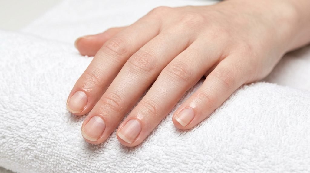 Clean, prepped natural nails with smooth cuticles on an 18-year-old female hand with very white skin tone.