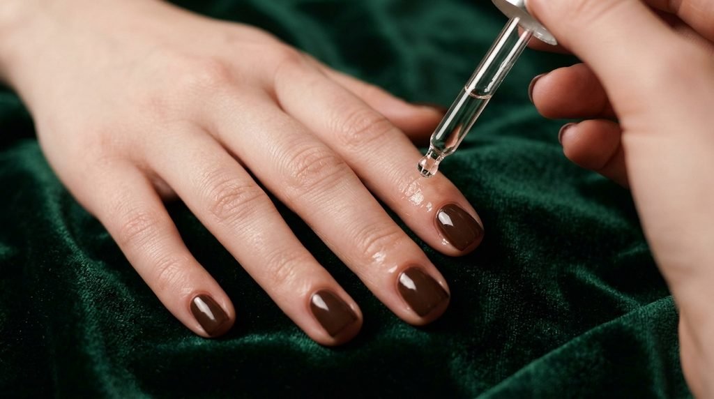 Female hand with very white skin applying cuticle oil to dark cacao brown nails.
