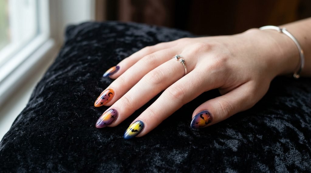 Female hand showcasing a complete set of glossy Halloween aura nails on dark velvet.