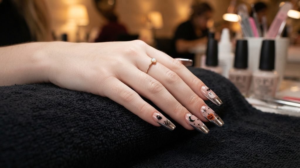 Completed Halloween chrome French tip manicure resting on a dark salon towel.
