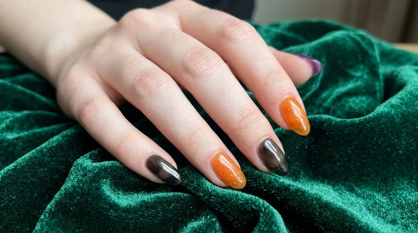 : Close-up of an 18-year-old female hand with very white skin displaying translucent orange, black, and purple jelly nails against emerald green velvet.