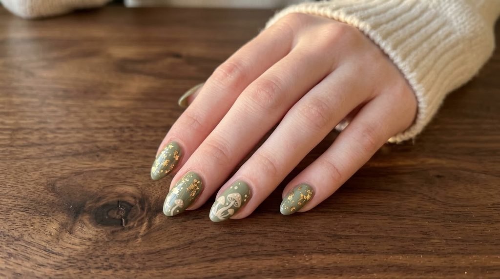 Sage green almond nails with gold foil flecks and cream mushroom paintings on an eighteen year old female hand with white skin.
