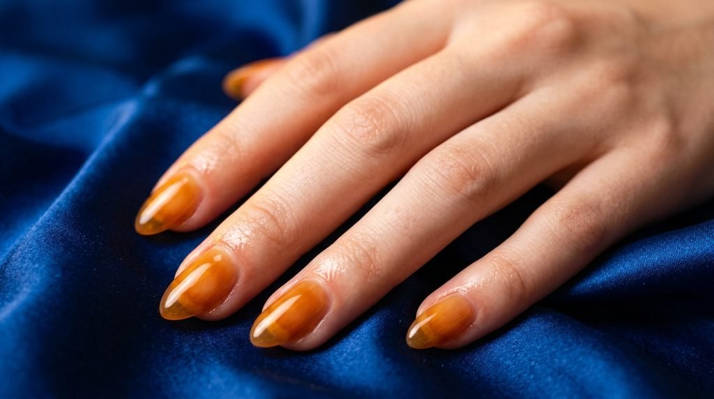 Warm honey amber jelly nails on an 18-year-old female hand with very white skin over sapphire blue silk.