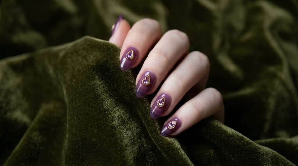 Purple jelly nails with gold teardrop crystal frames on very white female hand over olive green velvet.