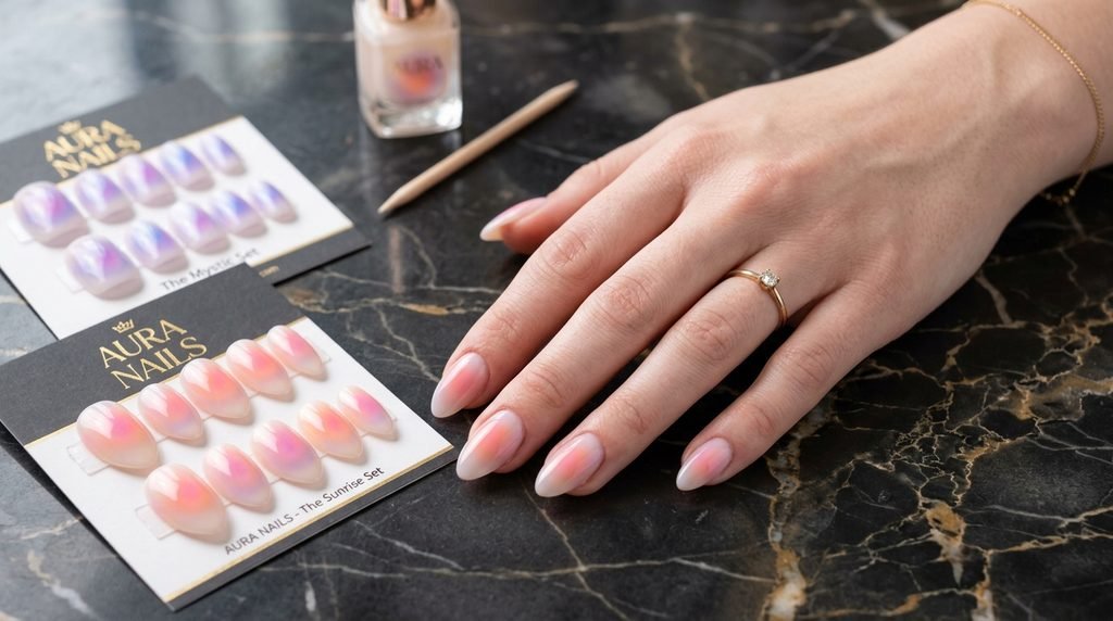 Airbrushed almond nails presented next to press-on aura nail sets on dark marble.