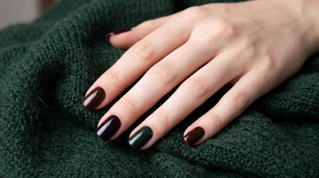 An 18-year-old female hand with white skin displaying various deep fall nail colors on almond nails against a green wool scarf.