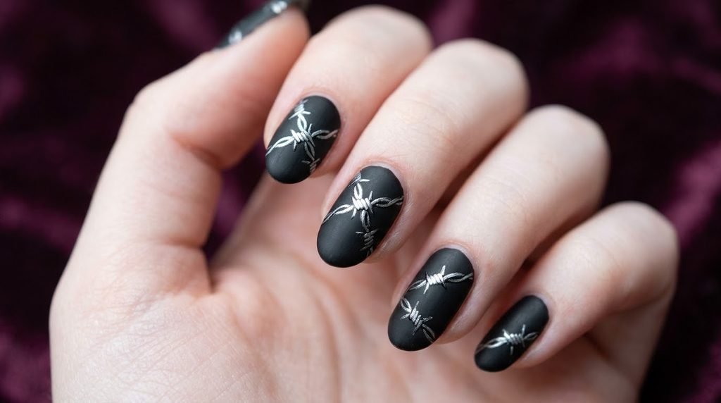 Fine silver barbed wire line art painted on matte black nail surface.