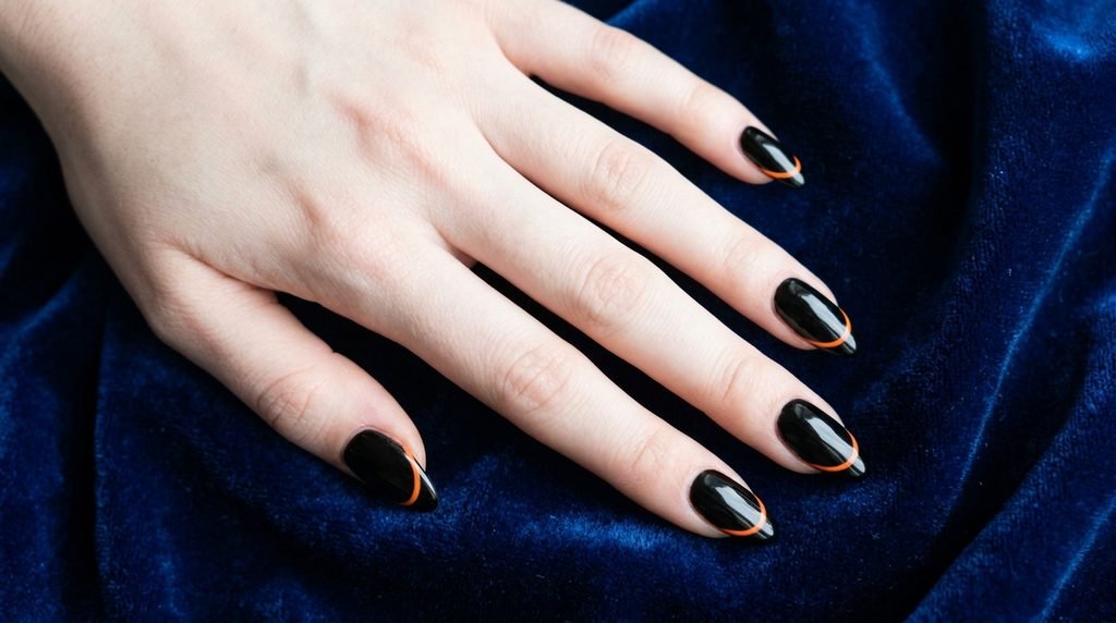 Glossy black almond nails with thin  orange line accents on a pale female hand over dark sapphire velvet.