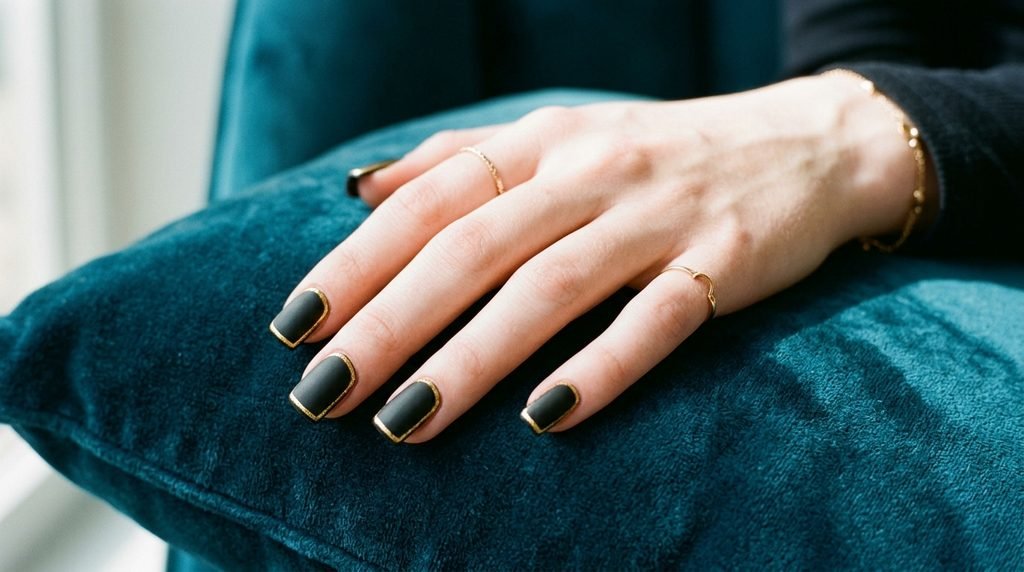 Square matte black nails with gold outline details on an 18-year-old female hand with very white skin resting on dark teal velvet.