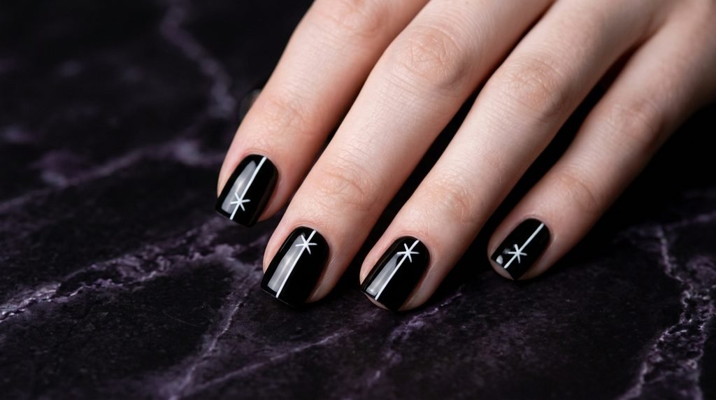 A close-up view of an 18-year-old female hand with smooth, very white skin and short square nails painted with black and simple white bone line art, resting on a deeply shadowed black and dark violet veined marble surface.