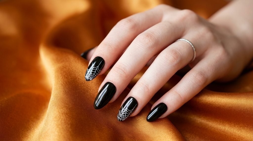 Glossy black press-on nails with spiderweb art on an 18-year-old female hand with very white skin over amber satin.