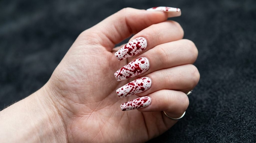 A close-up shot of long coffin nails on an 18-year-old female hand with white skin, featuring a dense and chaotic pattern of red blood splatter droplets on every white base nail against charcoal suede.