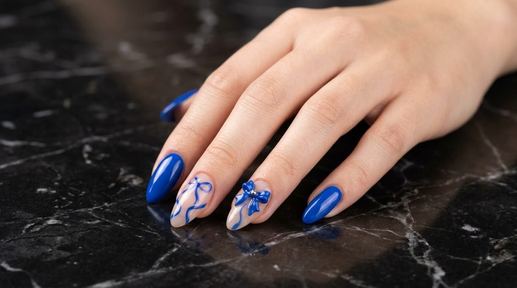 Professional salon manicured hands displaying cobalt blue bow art.