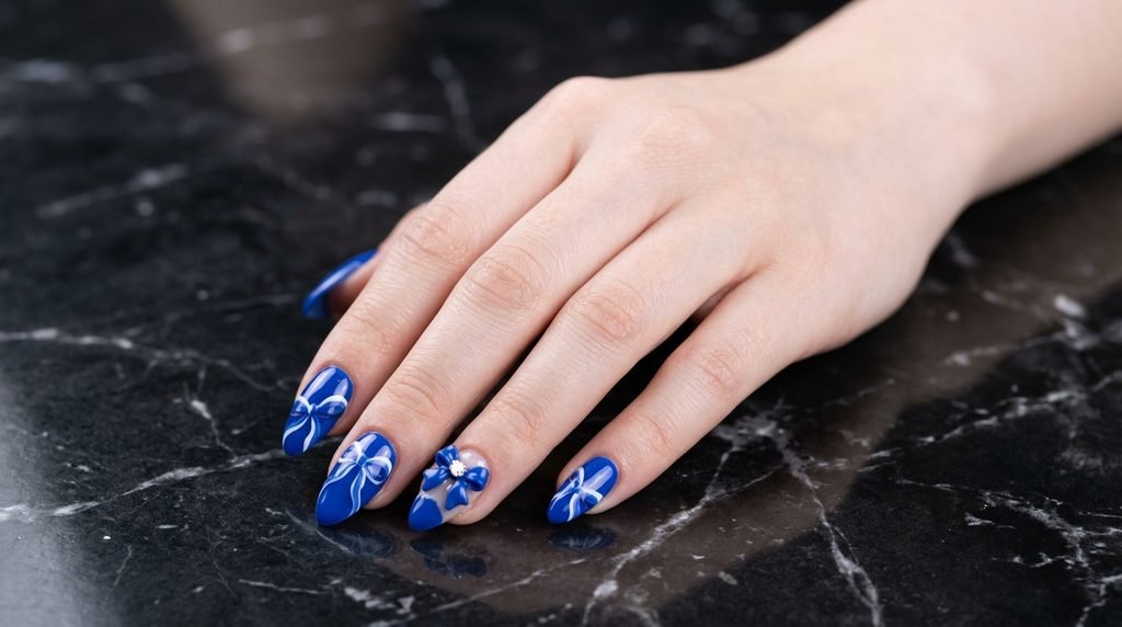 Applying top coat over hand-painted bow nail art for sealing.