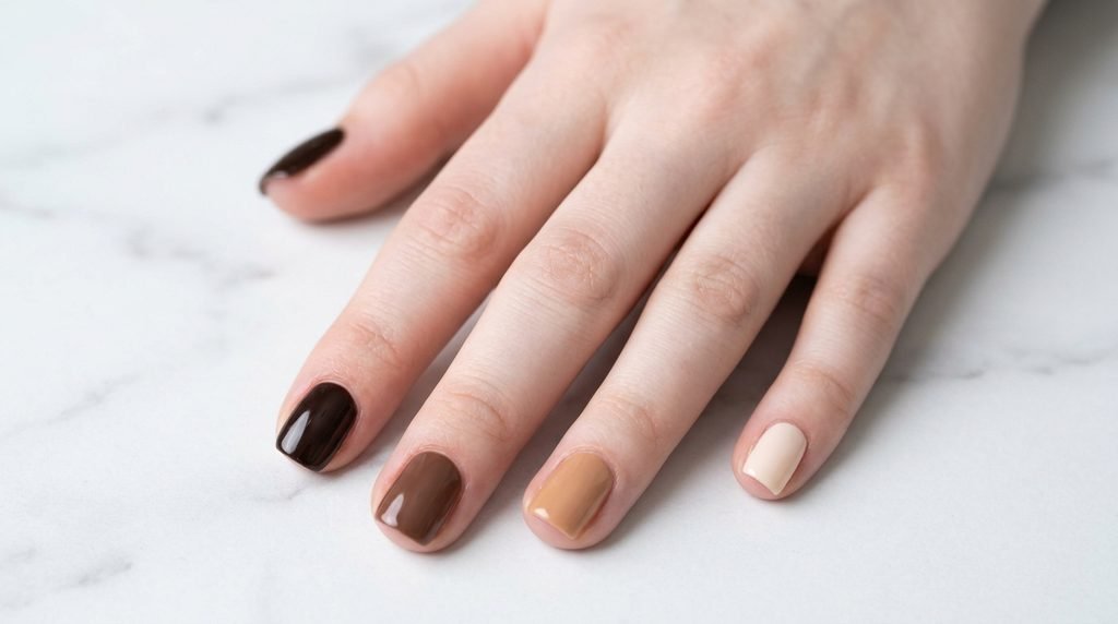 Short squoval nails painted in five different shades of brown from light cream to dark espresso on a light-skinned female hand over white marble.