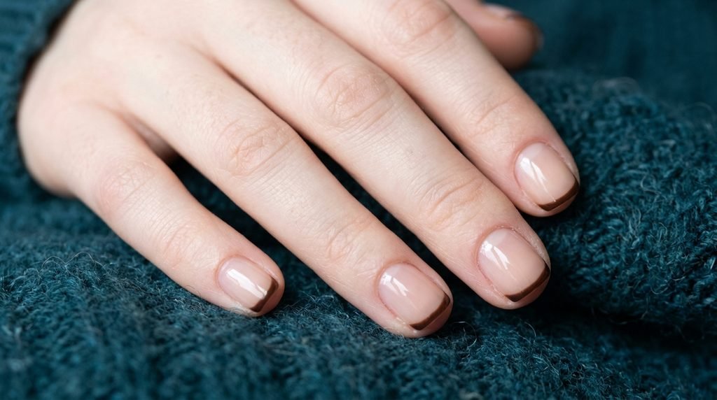 Short squoval nails with sheer nude base and ultra-thin chocolate brown micro French tip lines on a dark teal backdrop.