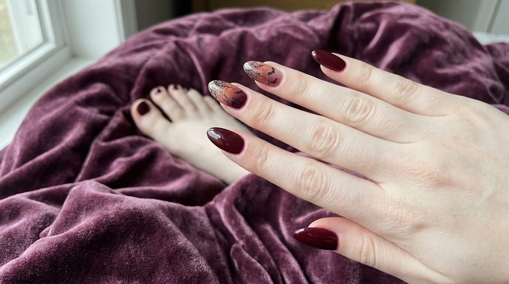 Burgundy almond nails on female hand resting near dark burgundy toenails on white skin over plum velvet.