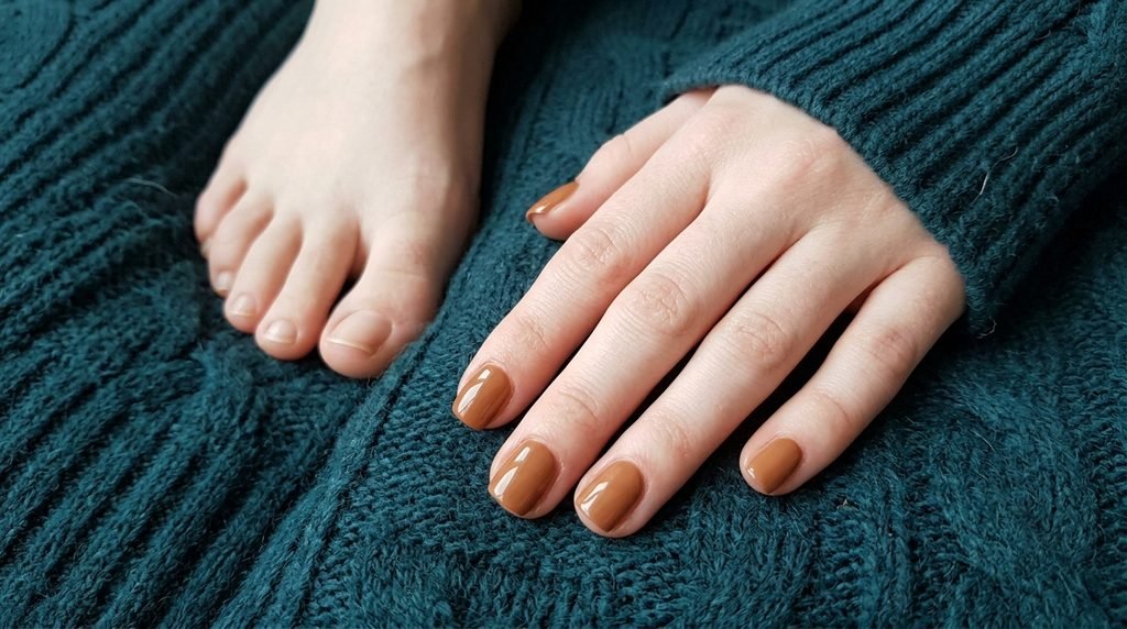 Short neat caramel brown squoval fingernails on female hand resting near toes on dark teal wool.