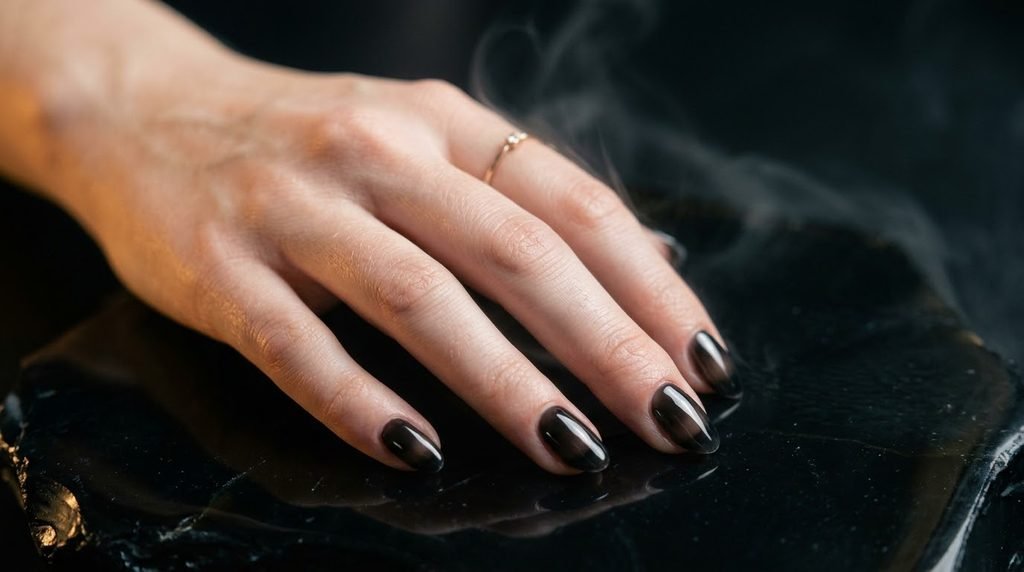 Oval nails showing charcoal grey aura gradients on a dark obsidian stone background.