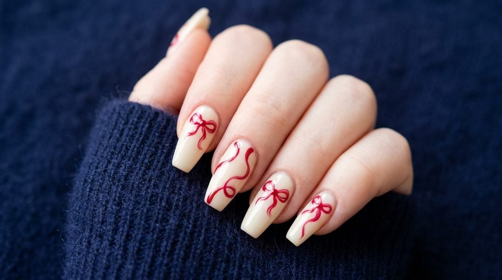Red ribbon nails with crimson bow art on coffin shape.