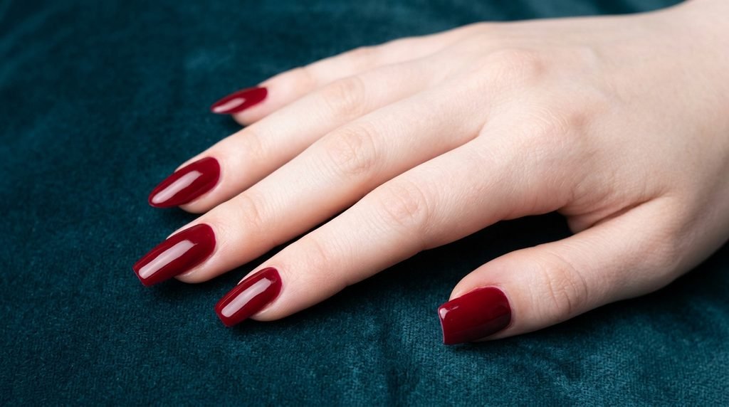 Display of different nail shapes painted in deep cherry red polish over teal fabric.