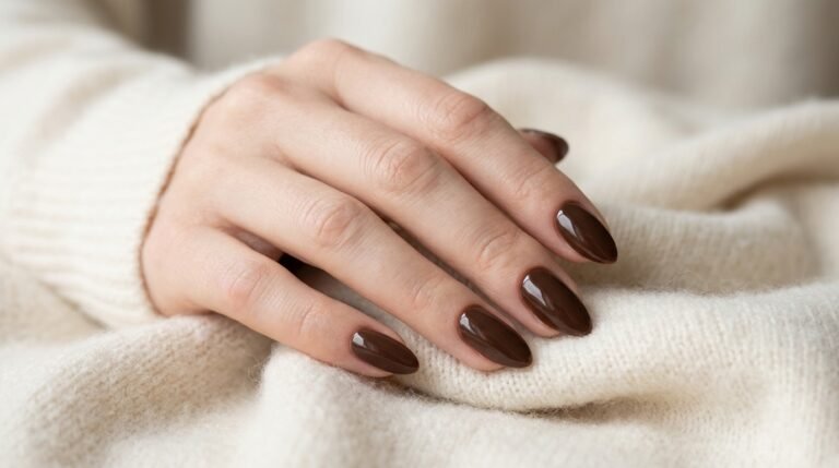 A close-up view of an eighteen year old female hand with very white skin featuring glossy dark chocolate brown almond-shaped nails resting against a soft cream sweater.
