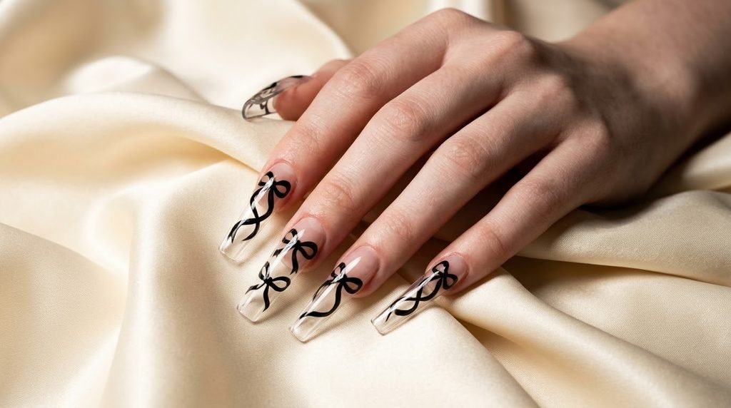 Black ribbon nails design on clear long coffin nails.