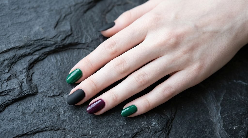 Swatches of green, black, and plum gel polish on an 18-year-old female hand over slate.