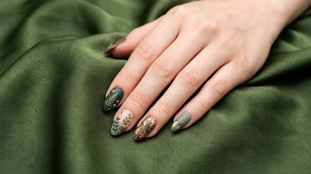 High-quality custom press-on nails with olive green forest artwork applied on natural fingers.