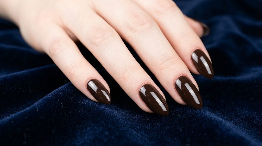 Close-up of glossy espresso brown almond nails on an eighteen year old female hand with fair skin against dark navy velvet.