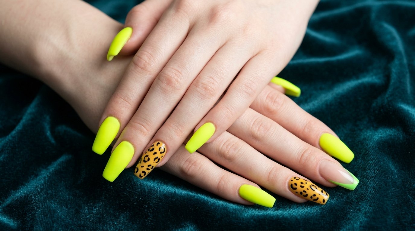 Close-up of an 18-year-old female hand with very white skin showing long neon chartreuse and golden leopard print coffin nails against dark teal velvet.