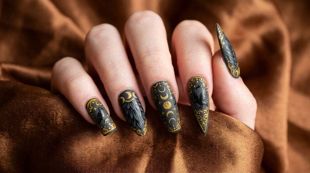 Freshly completed stiletto nails with black bird art resting on a table, 18-year-old female hand with white skin.