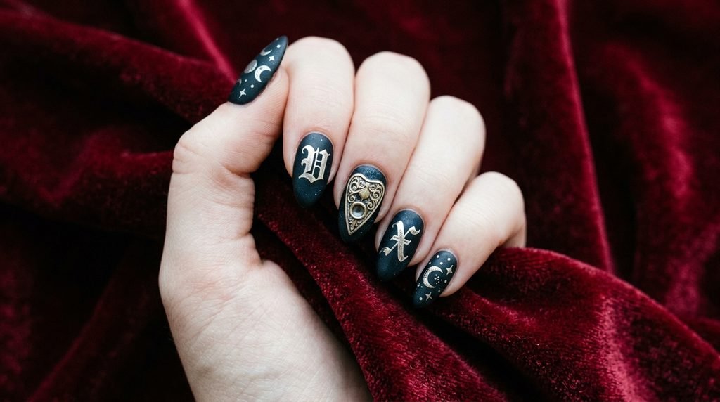 Hand with very white skin displaying five nails each decorated with individual spirit board motifs.