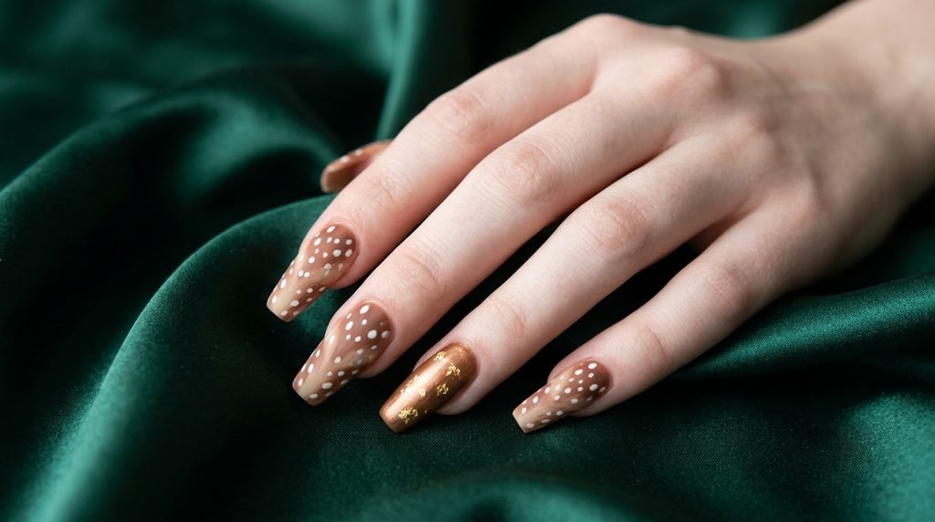Deer print coffin nails paired with a gold leaf accent nail over dark emerald satin.