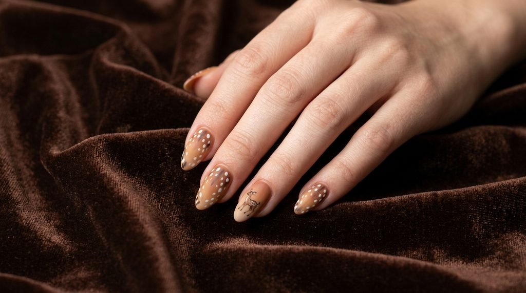 Square caramel nails with cream fawn spots displayed against dark teal satin fabric.