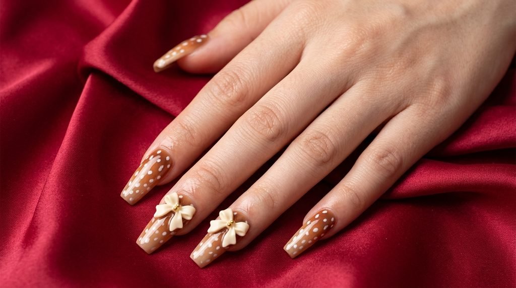 Deer print coffin press-on nails with bow details resting on ruby red satin.